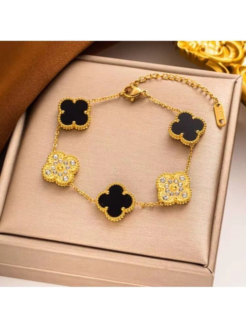 18k Gold Plated Stainless Steel Clover Quatrefoil Chain Bracelet, Black , Gold